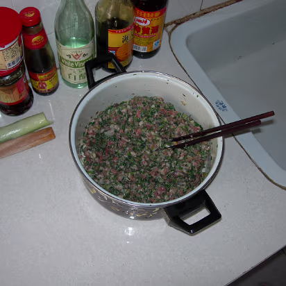 Spring_Festival_06-001 The filling for dumplings. Meat and dandelion greens.