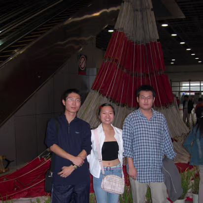 Space_Exhibit-009 Three friends with parachute made at their University.