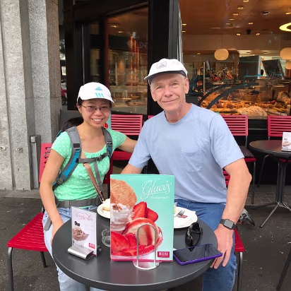 Switzerland-433 We ventrured out to enjoy a Lucerne specialty, Kirche cake. Kirche is a tart black cherry brandy. It was quite delicious. Look at the display cases inside.