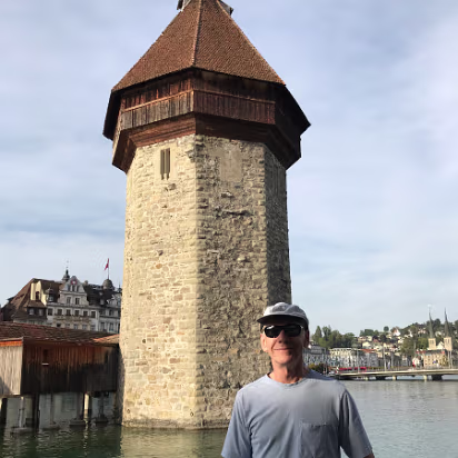 Switzerland-434 This is the tower of the Chapel Bridge. Top floor is for torture, middle floor is for the torturer to rest, bottom floor is a dungeon with a 'door' to the...