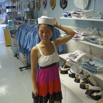 Maritime_Museum-013 Sailor Hanhan tries on her cover.