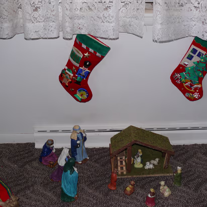 Christmas_2007-015 Nativity scene and our stockings.