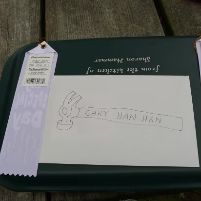 Independence_Day-048 The surprise cake, card, and ribbons that Sharon and Ed gave us.